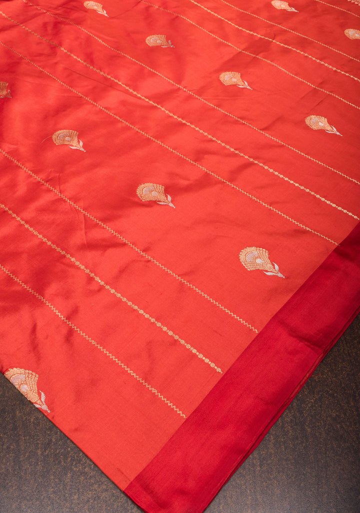 Orangy Red Pure Katan Silk Saree with Zari stripes and Alfi Zari Buttas | SILK MARK CERTIFIED