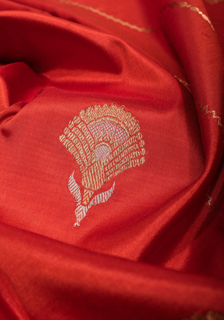 Orangy Red Pure Katan Silk Saree with Zari stripes and Alfi Zari Buttas | SILK MARK CERTIFIED