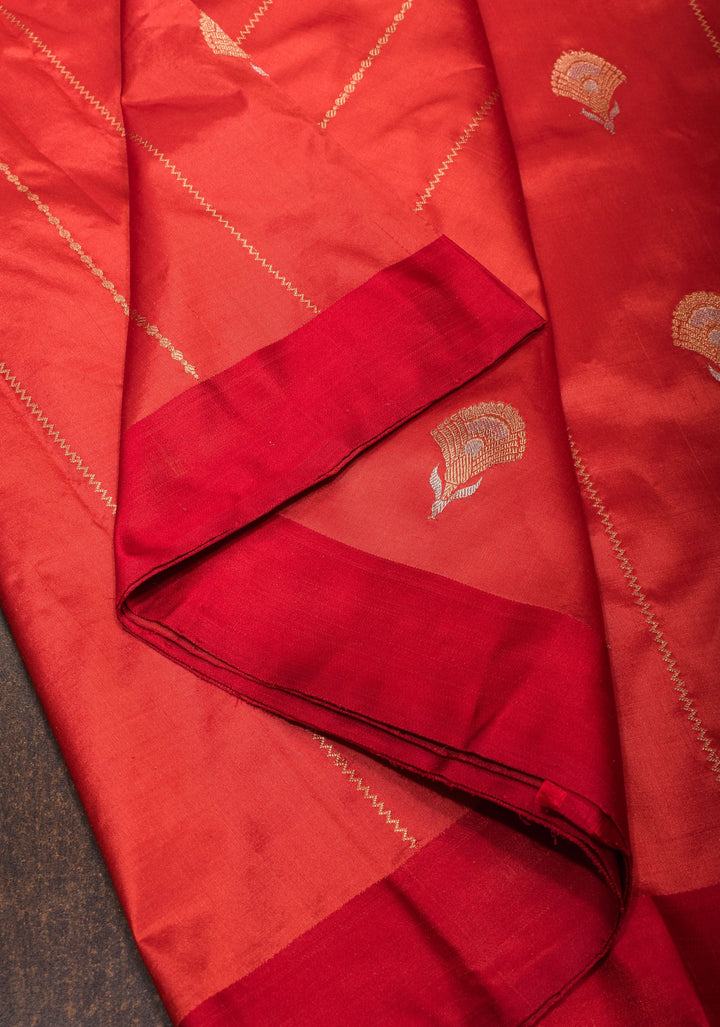 Orangy Red Pure Katan Silk Saree with Zari stripes and Alfi Zari Buttas | SILK MARK CERTIFIED