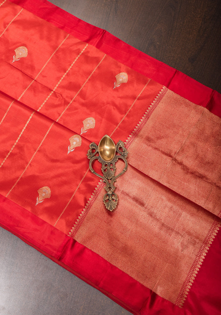 Orangy Red Pure Katan Silk Saree with Zari stripes and Alfi Zari Buttas | SILK MARK CERTIFIED