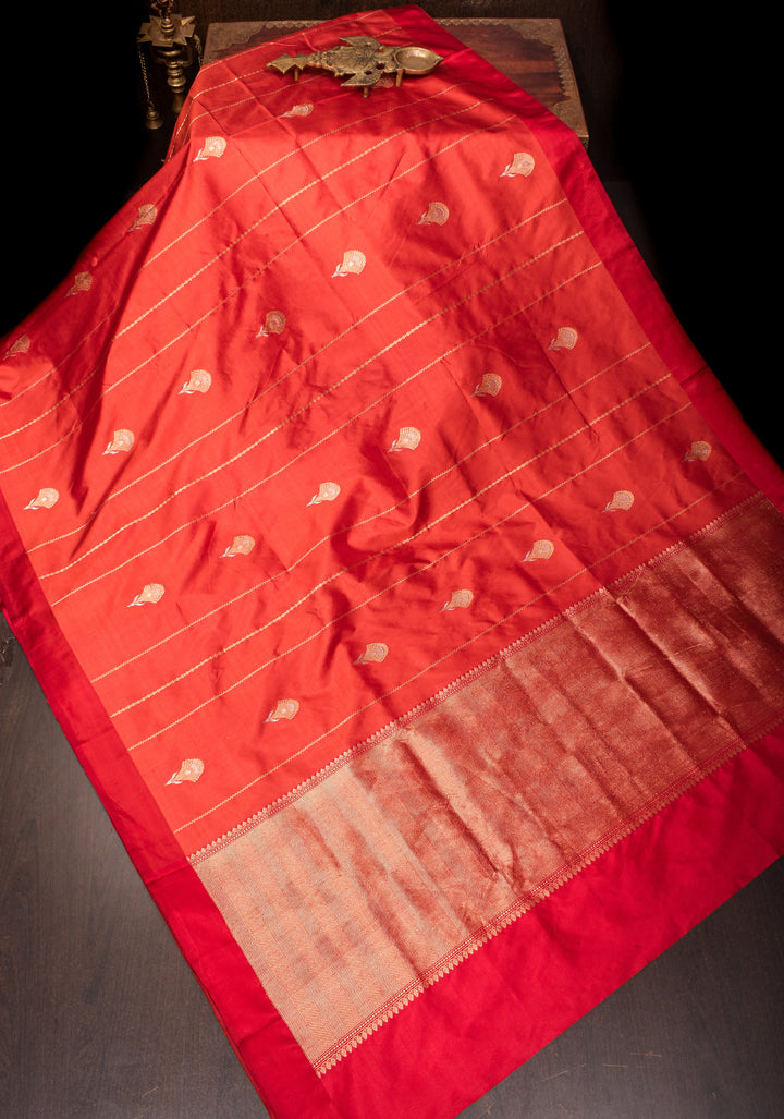 Orangy Red Pure Katan Silk Saree with Zari stripes and Alfi Zari Buttas | SILK MARK CERTIFIED