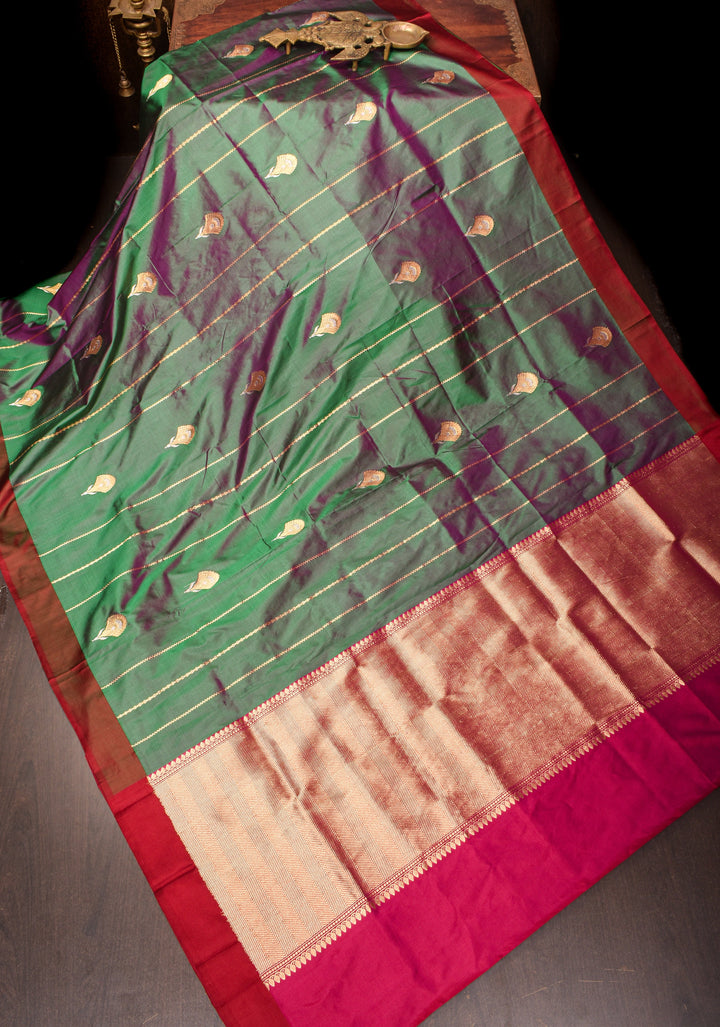 Green and Pink Dual tone Pure Banarasi Katan Silk Saree with Zari stripes and Alfi Motifs | SILK MARK CERTIFIED