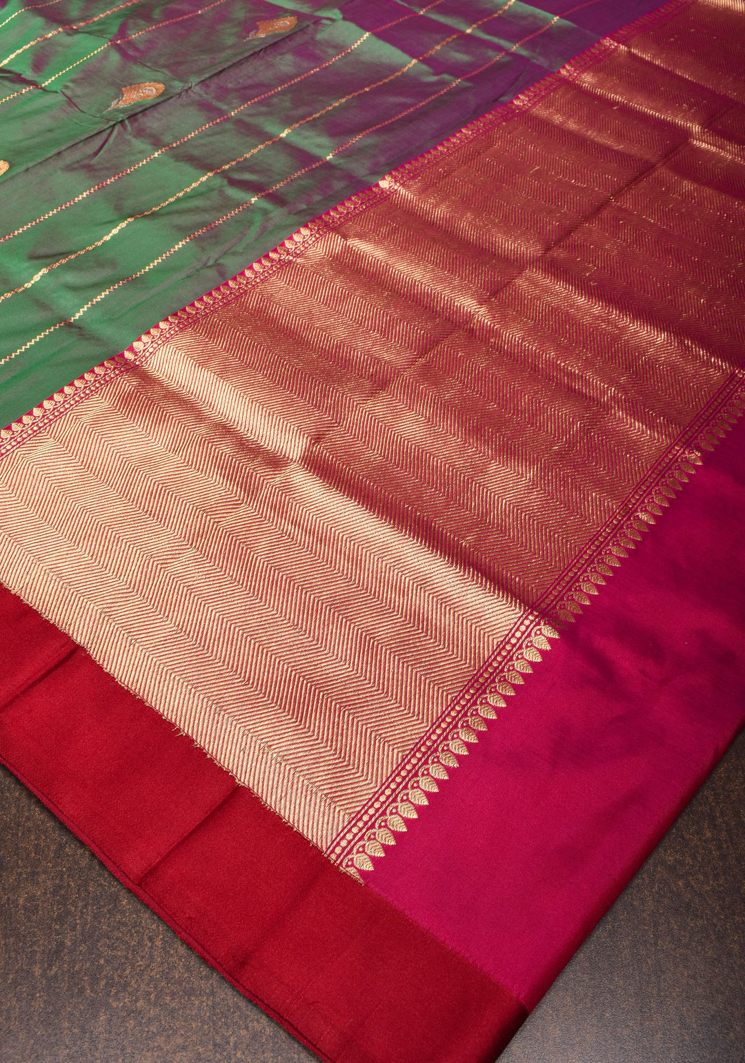 Green and Pink Dual tone Pure Banarasi Katan Silk Saree with Zari stripes and Alfi Motifs | SILK MARK CERTIFIED