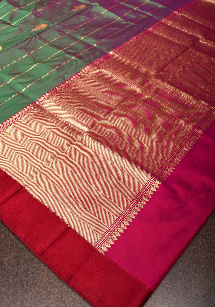 Green and Pink Dual tone Pure Banarasi Katan Silk Saree with Zari stripes and Alfi Motifs | SILK MARK CERTIFIED
