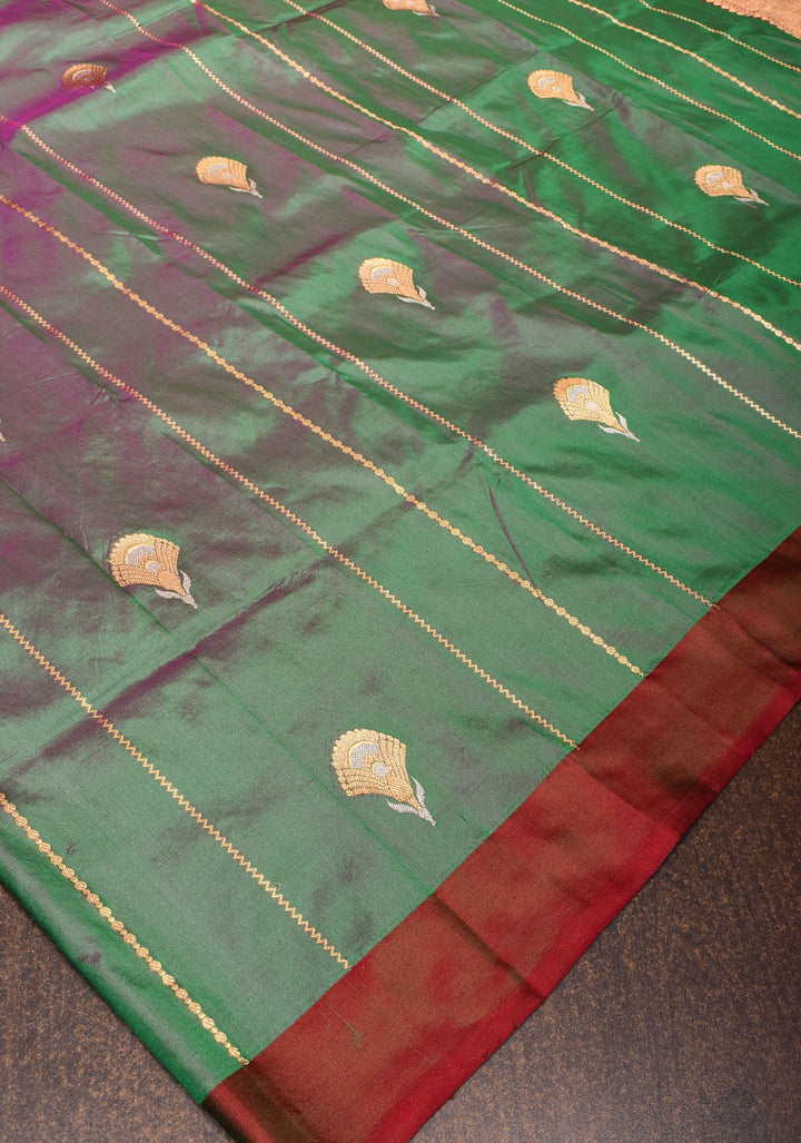 Green and Pink Dual tone Pure Banarasi Katan Silk Saree with Zari stripes and Alfi Motifs | SILK MARK CERTIFIED
