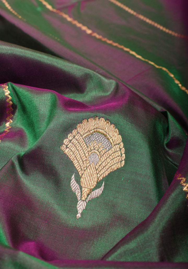 Green and Pink Dual tone Pure Banarasi Katan Silk Saree with Zari stripes and Alfi Motifs | SILK MARK CERTIFIED