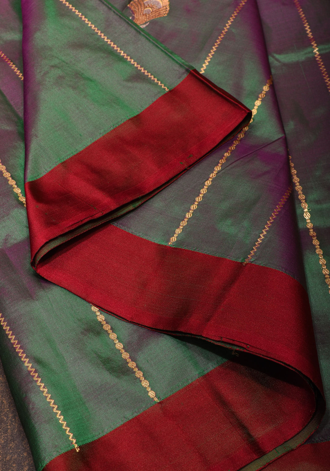 Green and Pink Dual tone Pure Banarasi Katan Silk Saree with Zari stripes and Alfi Motifs | SILK MARK CERTIFIED