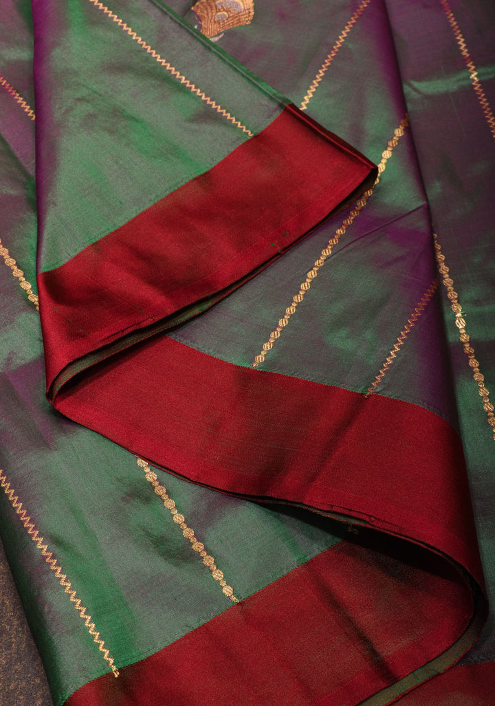 Green and Pink Dual tone Pure Banarasi Katan Silk Saree with Zari stripes and Alfi Motifs | SILK MARK CERTIFIED