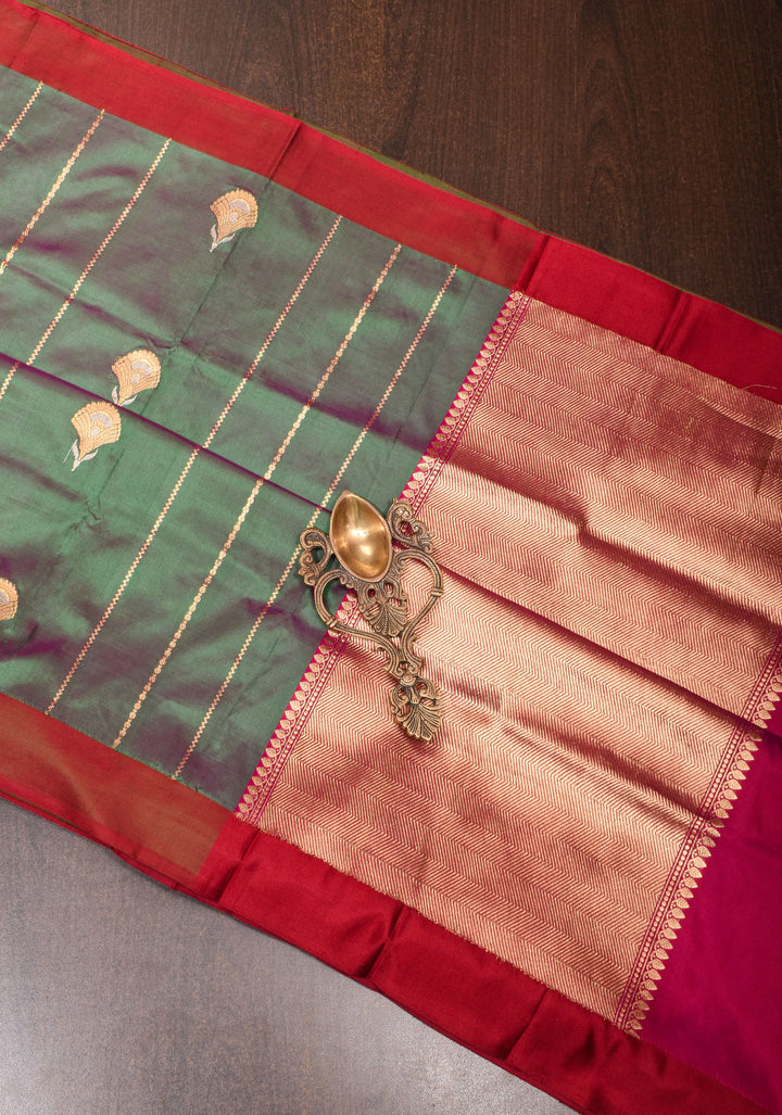 Green and Pink Dual tone Pure Banarasi Katan Silk Saree with Zari stripes and Alfi Motifs | SILK MARK CERTIFIED