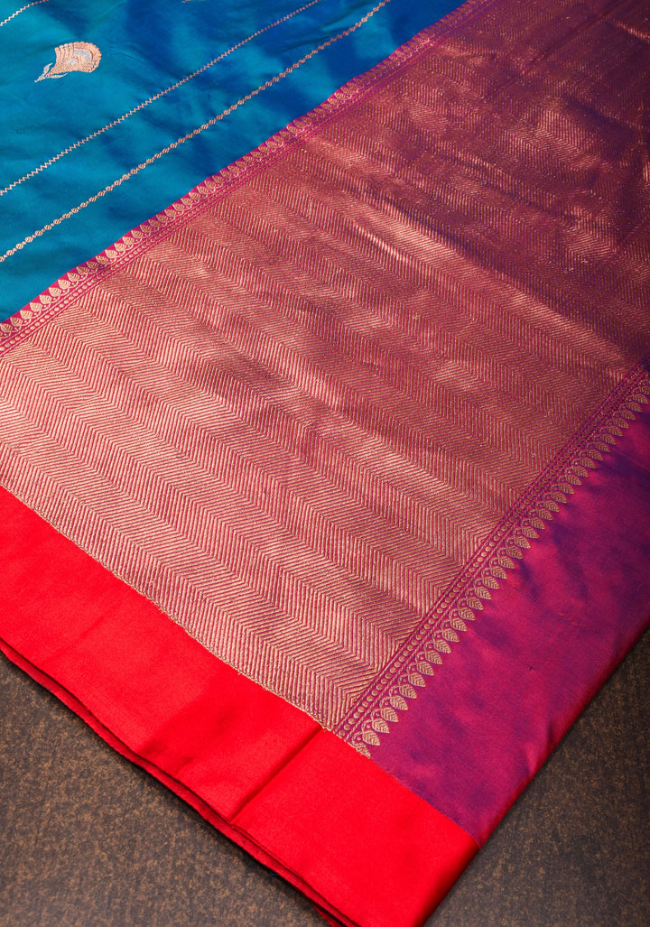 Banarasi Katan Silk Saree in Blue with Alfi Buttas and Zari Stripes  | SILK MARK CERTIFIED