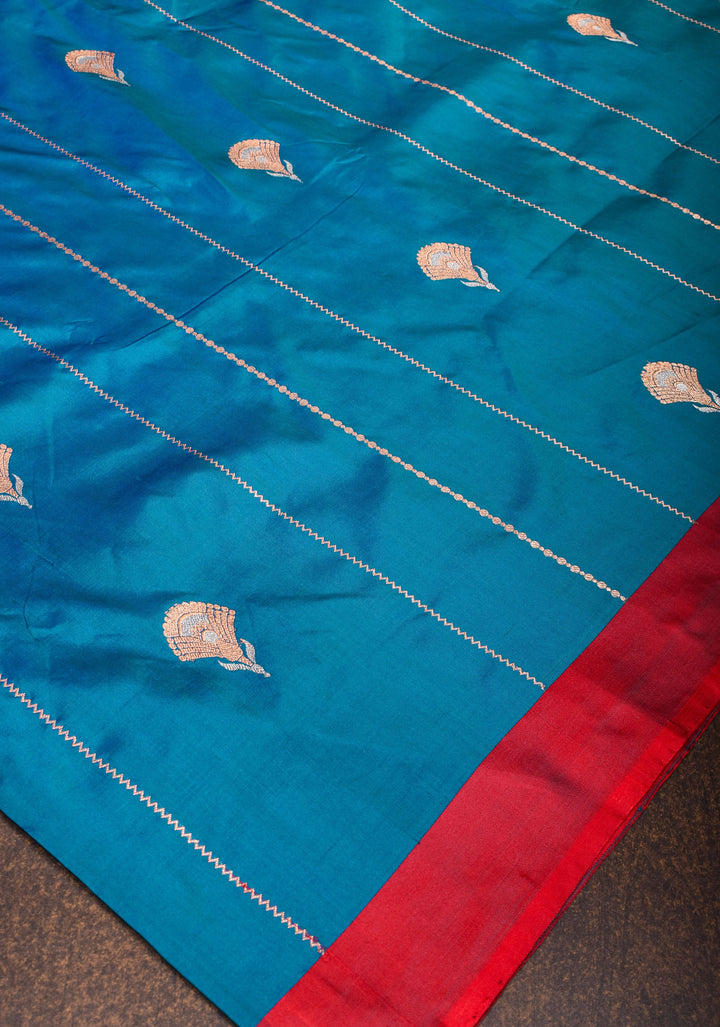 Banarasi Katan Silk Saree in Blue with Alfi Buttas and Zari Stripes  | SILK MARK CERTIFIED
