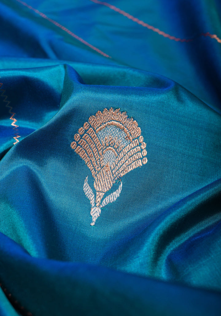 Banarasi Katan Silk Saree in Blue with Alfi Buttas and Zari Stripes  | SILK MARK CERTIFIED