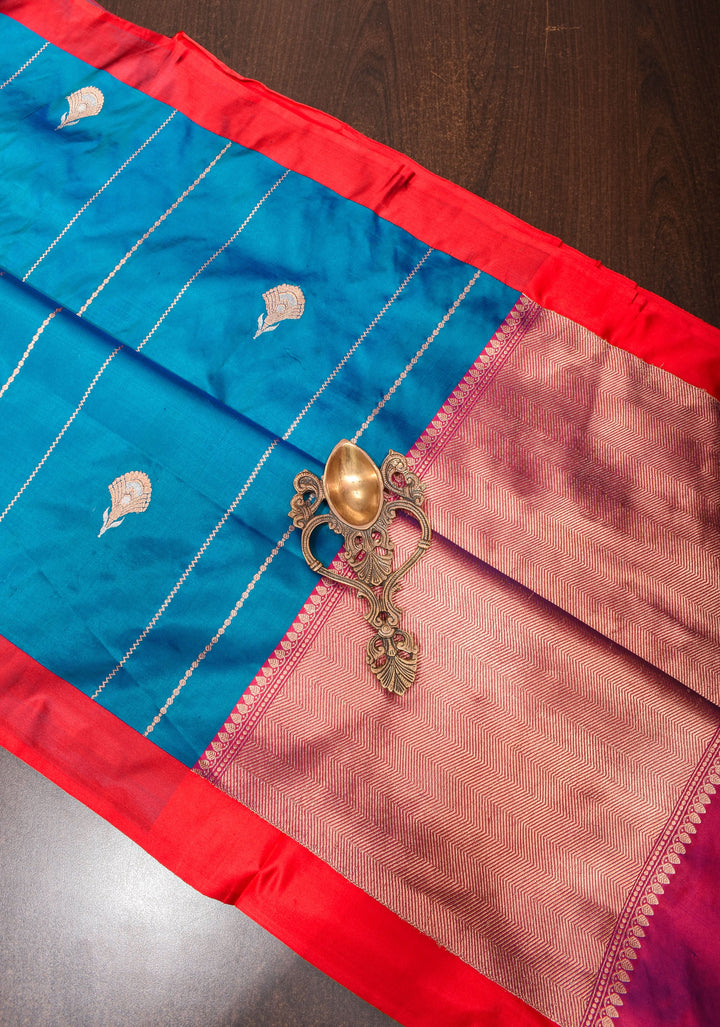 Banarasi Katan Silk Saree in Blue with Alfi Buttas and Zari Stripes  | SILK MARK CERTIFIED