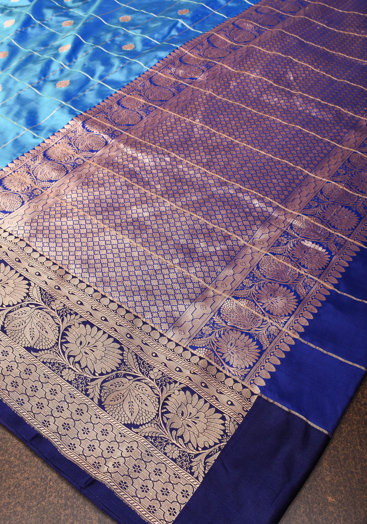 Cyan Blue and Green dual tone Banarasi Katan silk saree with Checks and Buttas | SILK MARK CERTIFIED