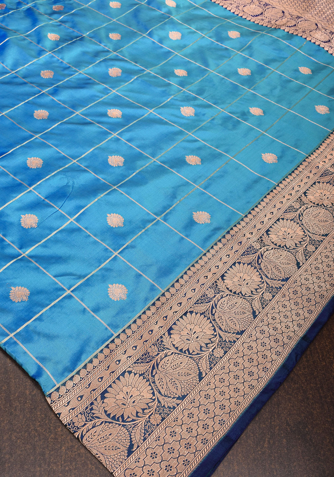 Cyan Blue and Green dual tone Banarasi Katan silk saree with Checks and Buttas | SILK MARK CERTIFIED