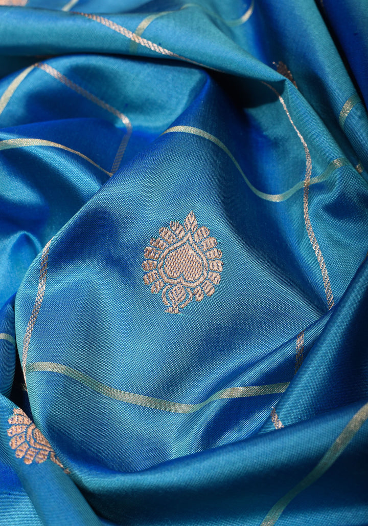 Cyan Blue and Green dual tone Banarasi Katan silk saree with Checks and Buttas | SILK MARK CERTIFIED
