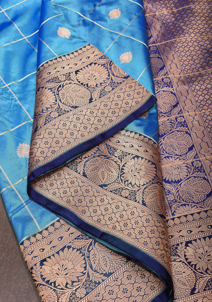 Cyan Blue and Green dual tone Banarasi Katan silk saree with Checks and Buttas | SILK MARK CERTIFIED