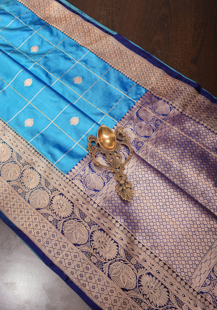 Cyan Blue and Green dual tone Banarasi Katan silk saree with Checks and Buttas | SILK MARK CERTIFIED