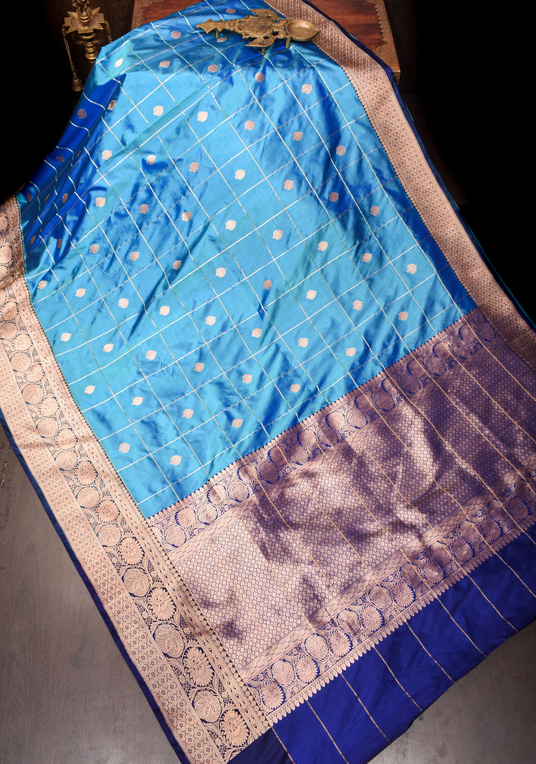 Cyan Blue and Green dual tone Banarasi Katan silk saree with Checks and Buttas | SILK MARK CERTIFIED