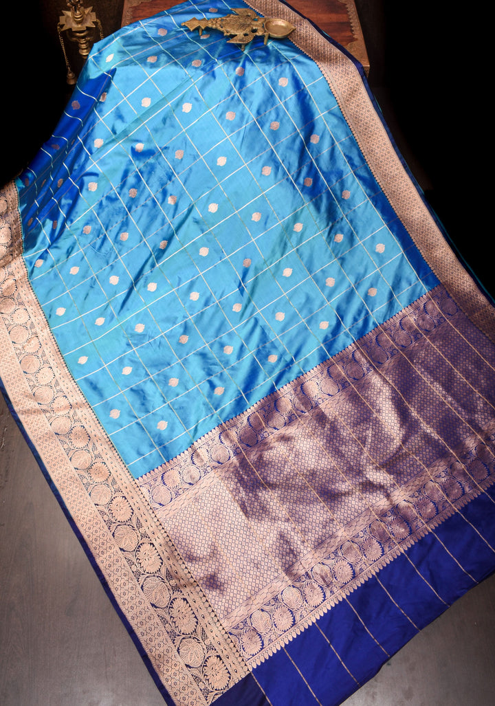 Cyan Blue and Green dual tone Banarasi Katan silk saree with Checks and Buttas | SILK MARK CERTIFIED