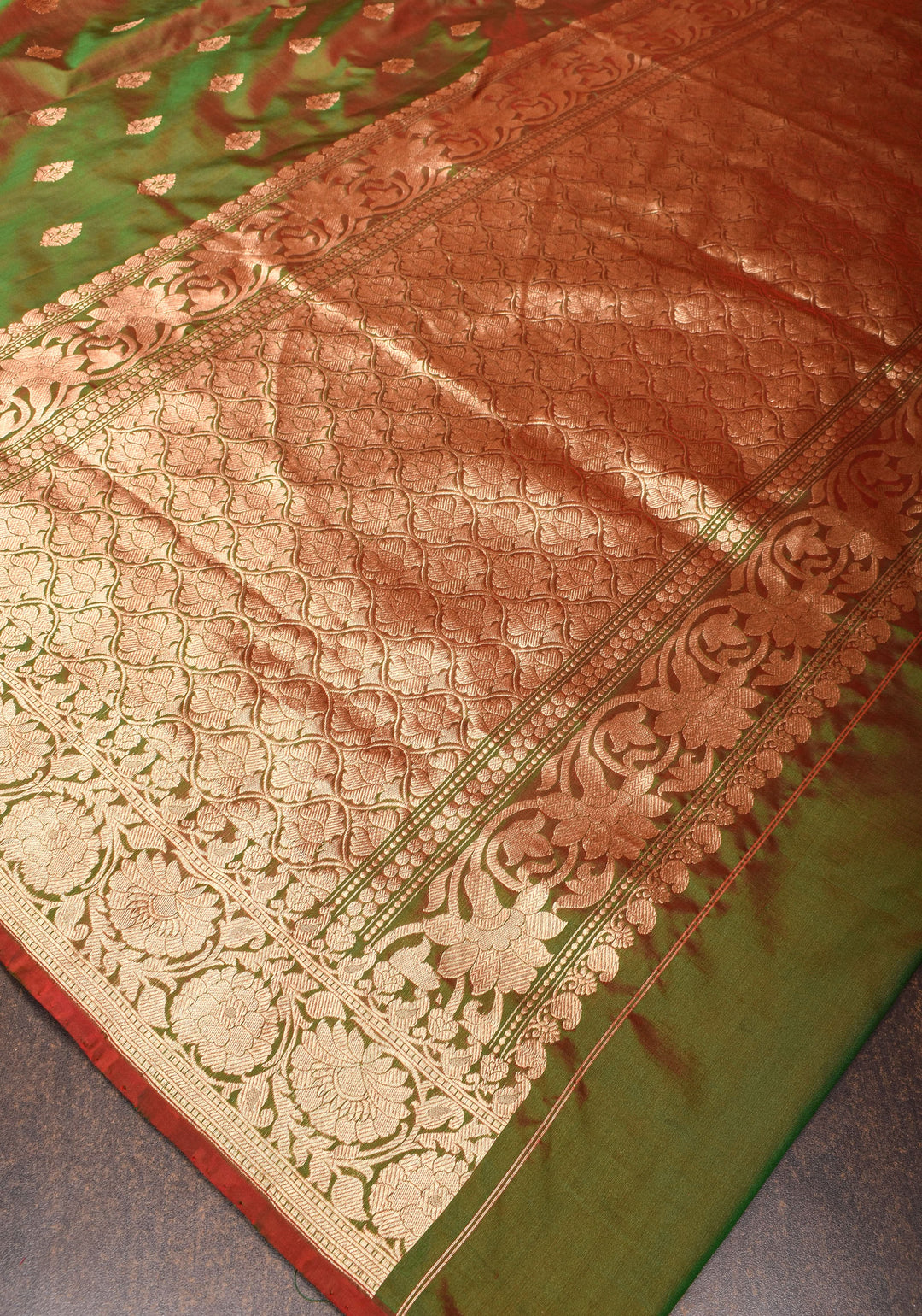 Green Red Dual Tone Katan Silk Saree with Zari buttas and Red Contrast | SILK MARK CERTIFIED