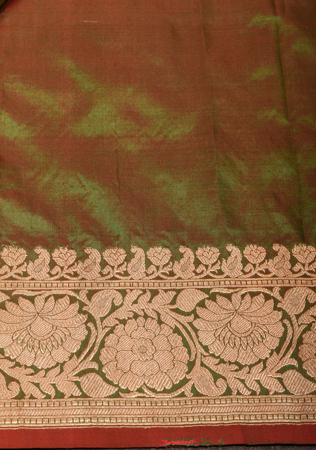 Green Red Dual Tone Katan Silk Saree with Zari buttas and Red Contrast | SILK MARK CERTIFIED