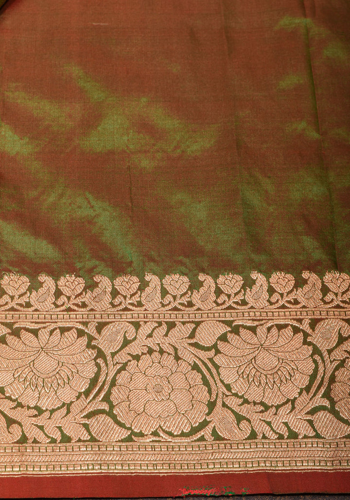 Green Red Dual Tone Katan Silk Saree with Zari buttas and Red Contrast | SILK MARK CERTIFIED