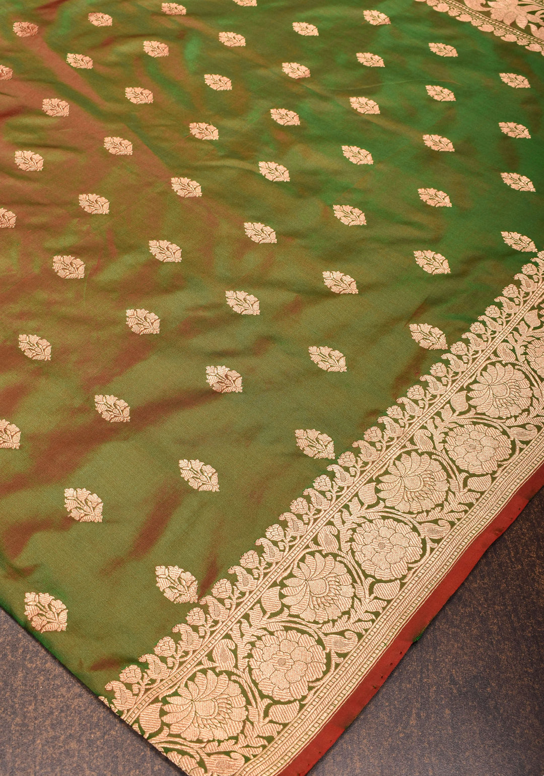 Green Red Dual Tone Katan Silk Saree with Zari buttas and Red Contrast | SILK MARK CERTIFIED