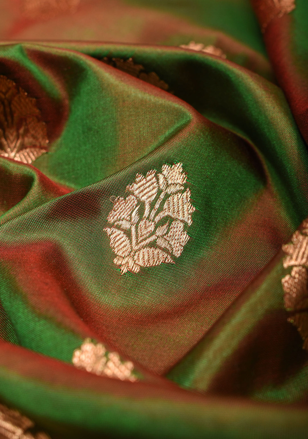 Green Red Dual Tone Katan Silk Saree with Zari buttas and Red Contrast | SILK MARK CERTIFIED