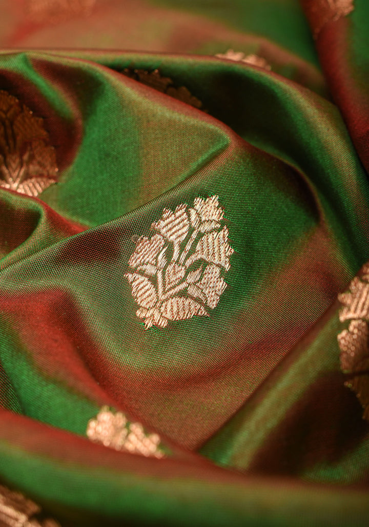 Green Red Dual Tone Katan Silk Saree with Zari buttas and Red Contrast | SILK MARK CERTIFIED