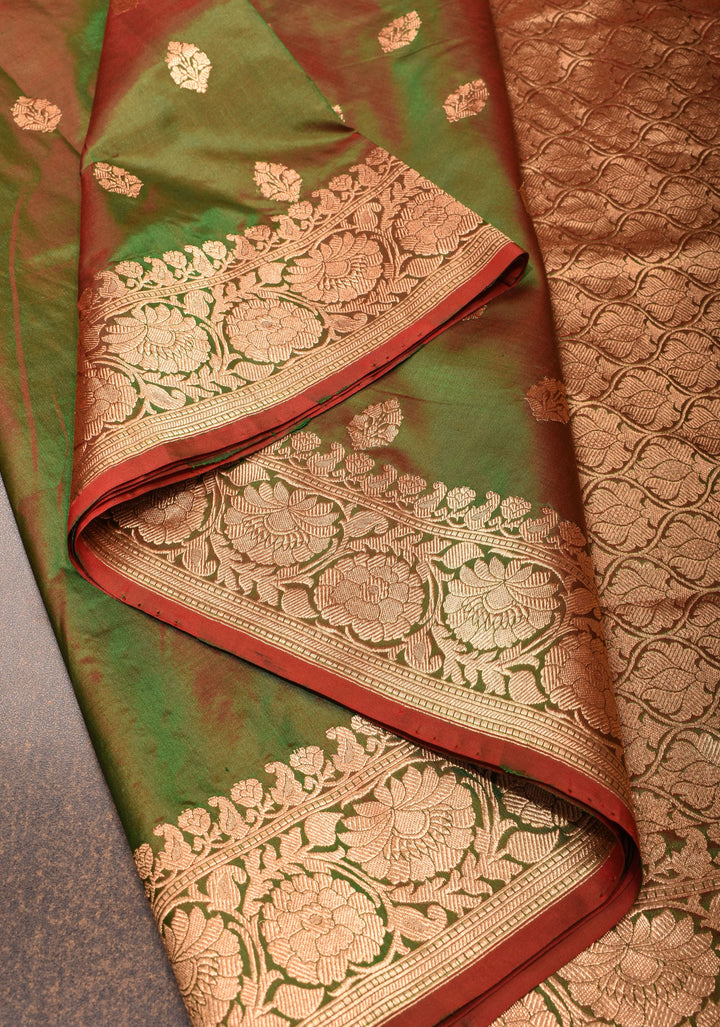 Green Red Dual Tone Katan Silk Saree with Zari buttas and Red Contrast | SILK MARK CERTIFIED
