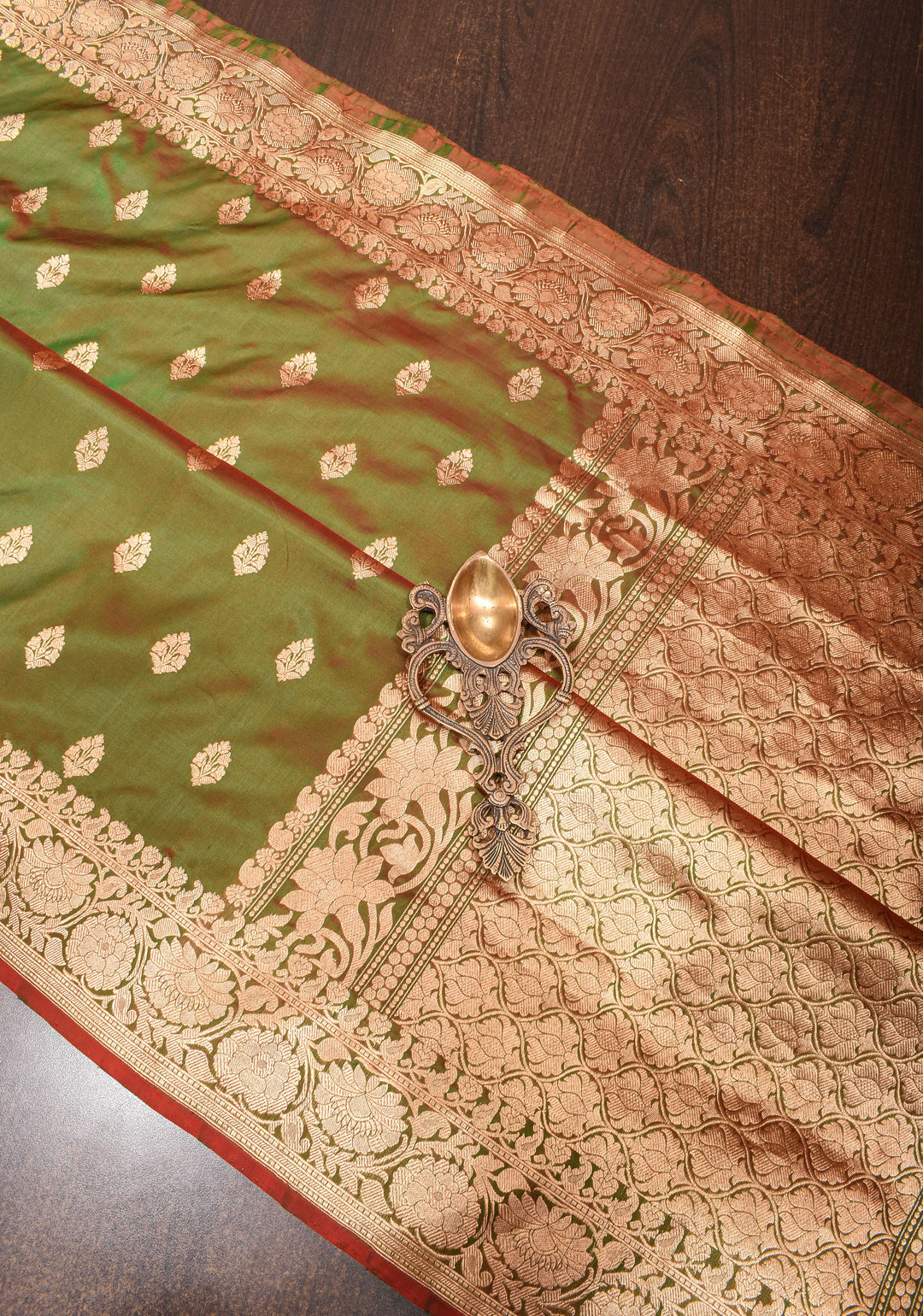 Green Red Dual Tone Katan Silk Saree with Zari buttas and Red Contrast | SILK MARK CERTIFIED