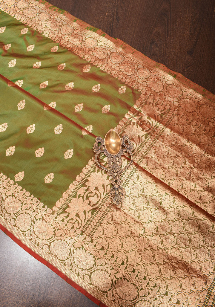 Green Red Dual Tone Katan Silk Saree with Zari buttas and Red Contrast | SILK MARK CERTIFIED
