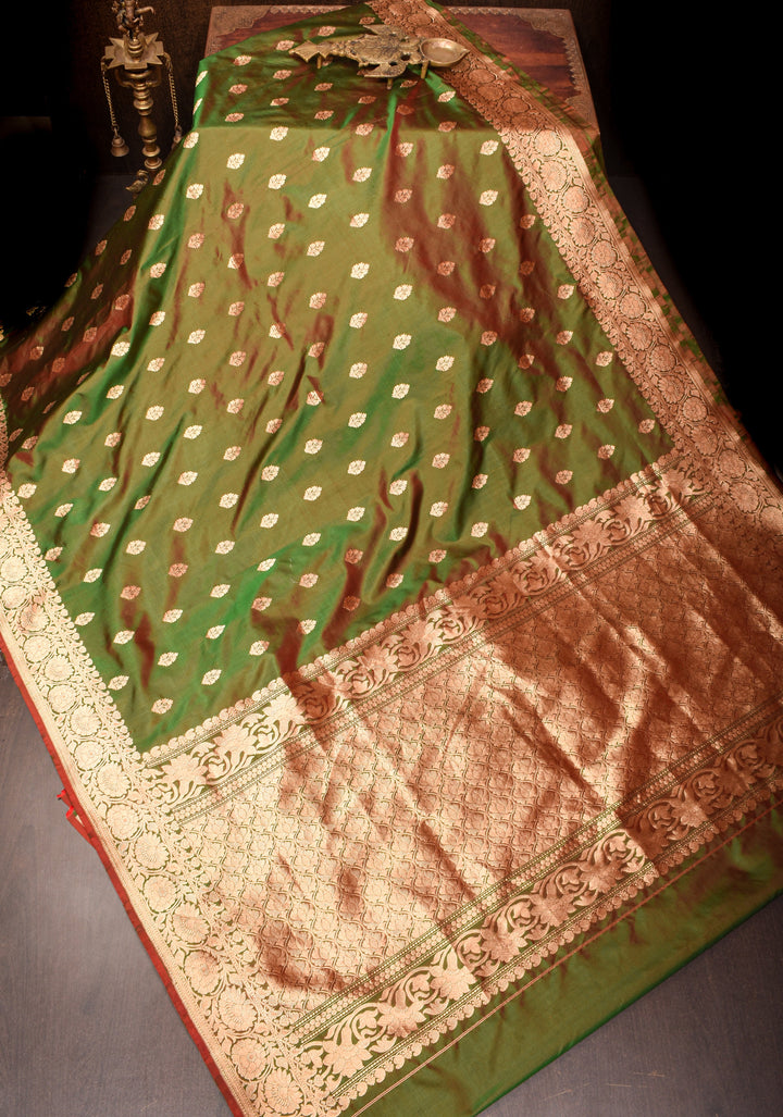 Green Red Dual Tone Katan Silk Saree with Zari buttas and Red Contrast | SILK MARK CERTIFIED