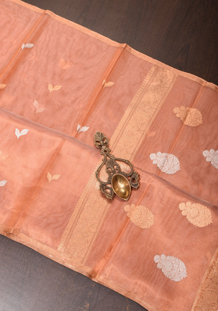 Stunning Light Peach Tissue Pure Silk Banarasi Saree with Sona Rupa Damask Motifs and Gold Zari Border | SILK MARK CERTIFIED