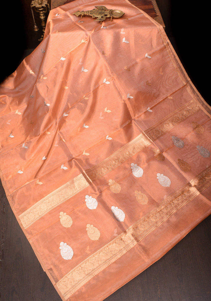 Stunning Light Peach Tissue Pure Silk Banarasi Saree with Sona Rupa Damask Motifs and Gold Zari Border | SILK MARK CERTIFIED