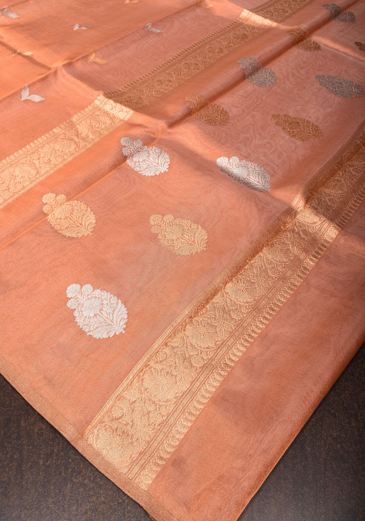 Stunning Light Peach Tissue Pure Silk Banarasi Saree with Sona Rupa Damask Motifs and Gold Zari Border | SILK MARK CERTIFIED