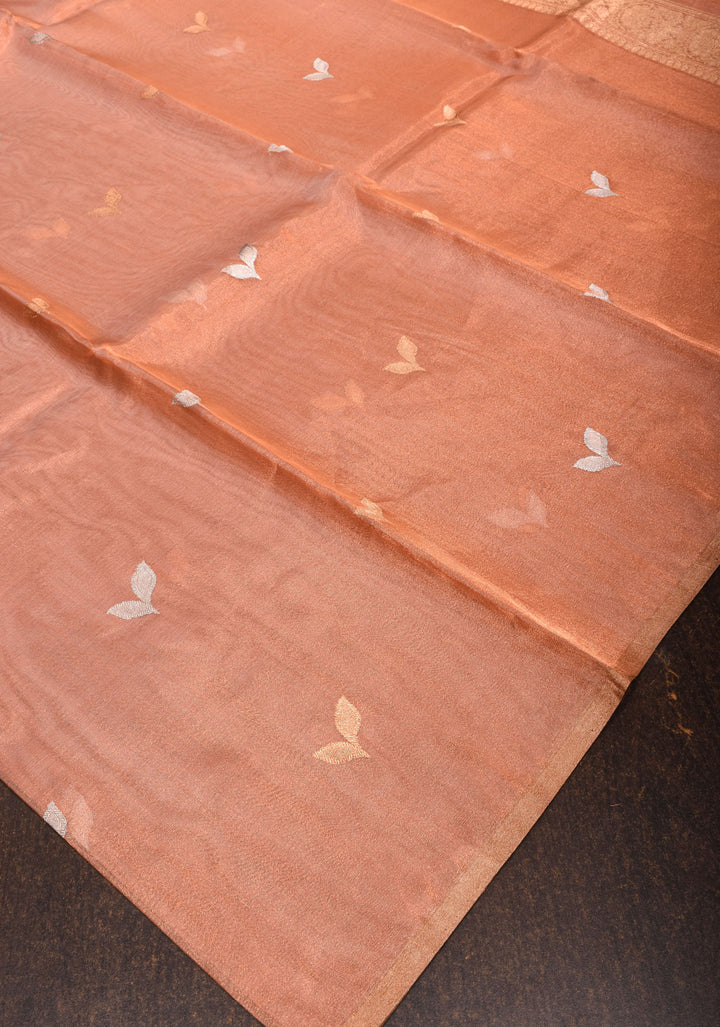 Stunning Light Peach Tissue Pure Silk Banarasi Saree with Sona Rupa Damask Motifs and Gold Zari Border | SILK MARK CERTIFIED