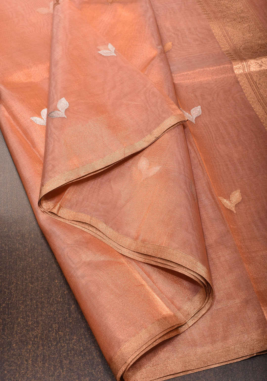 Stunning Light Peach Tissue Pure Silk Banarasi Saree with Sona Rupa Damask Motifs and Gold Zari Border | SILK MARK CERTIFIED