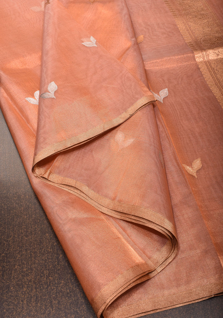 Stunning Light Peach Tissue Pure Silk Banarasi Saree with Sona Rupa Damask Motifs and Gold Zari Border | SILK MARK CERTIFIED