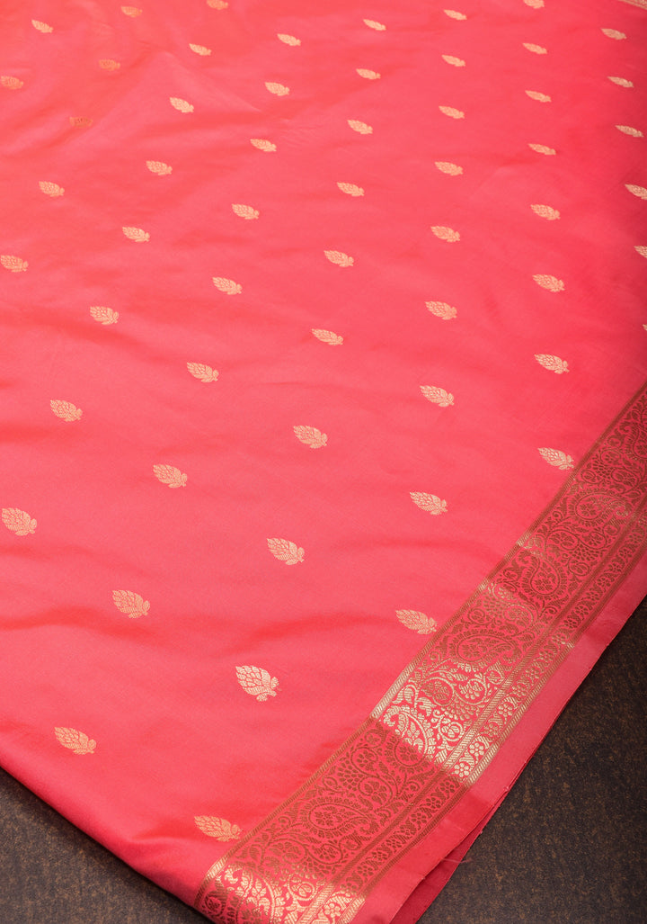 Pink Pure Banarasi Katan Silk Saree with Floral Buttis and Zari Border | SILK MARK CERTIFIED