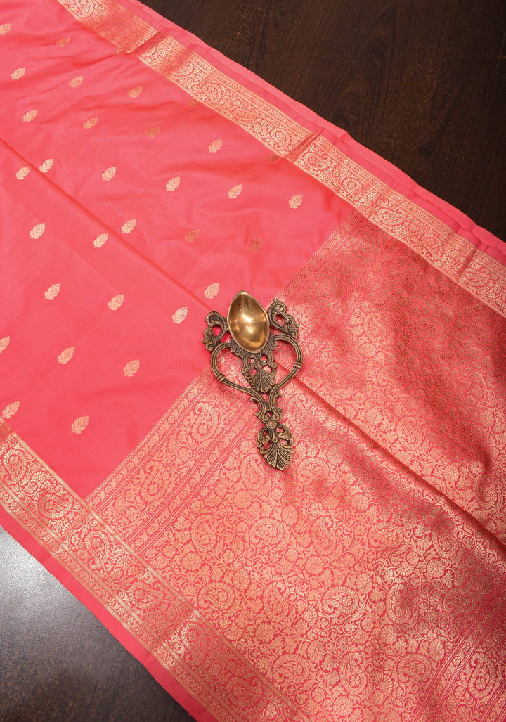 Pink Pure Banarasi Katan Silk Saree with Floral Buttis and Zari Border | SILK MARK CERTIFIED