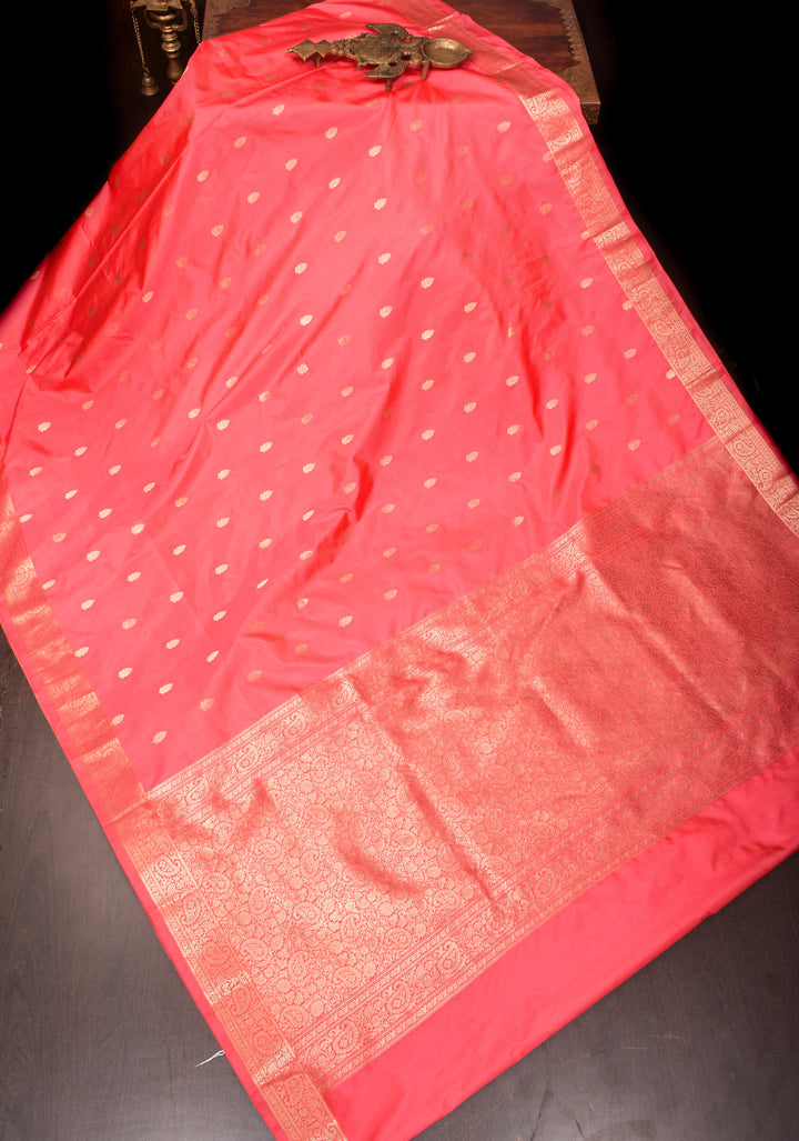Pink Pure Banarasi Katan Silk Saree with Floral Buttis and Zari Border | SILK MARK CERTIFIED