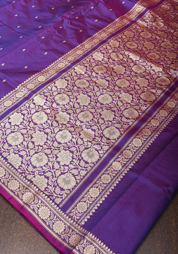 Lightweight Banarasi Silk Sarees with Minimalistic Resham Border in Purple Dual Tone | SILK MARK CERTIFIED