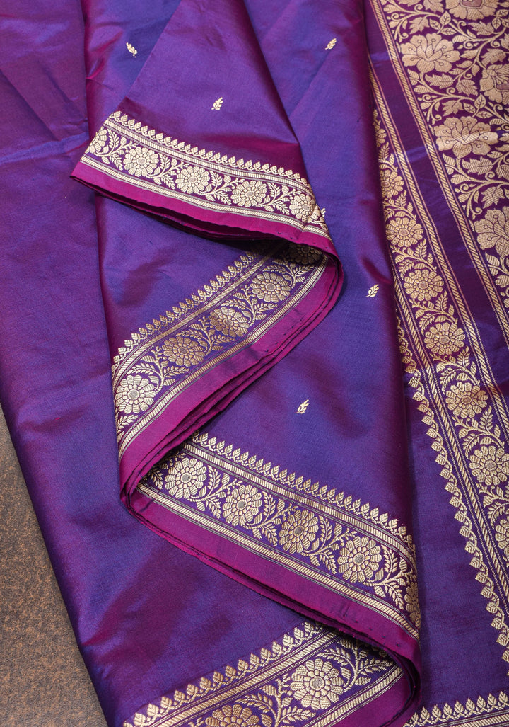 Lightweight Banarasi Silk Sarees with Minimalistic Resham Border in Purple Dual Tone | SILK MARK CERTIFIED
