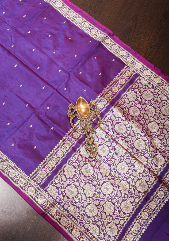 Lightweight Banarasi Silk Sarees with Minimalistic Resham Border in Purple Dual Tone | SILK MARK CERTIFIED
