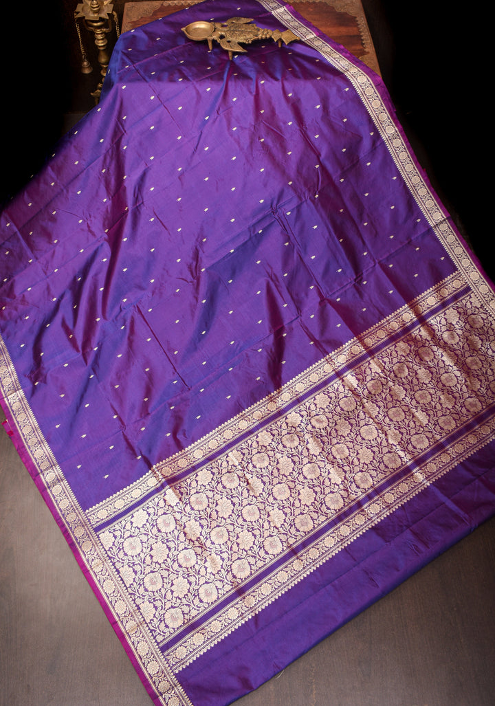 Lightweight Banarasi Silk Sarees with Minimalistic Resham Border in Purple Dual Tone | SILK MARK CERTIFIED