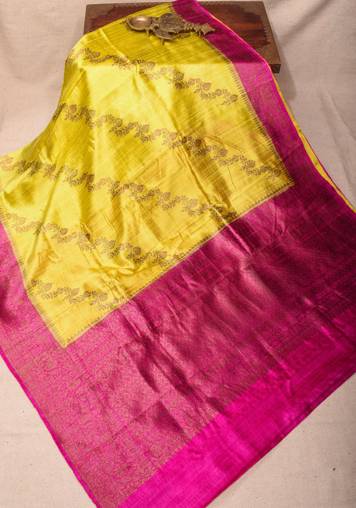 Raw Silk Saree in Yellow with Kadhuwa Jungla in Antique Zari Leheria Jaal in Sunshine Yellow and Pink | SILK MARK CERTIFIED
