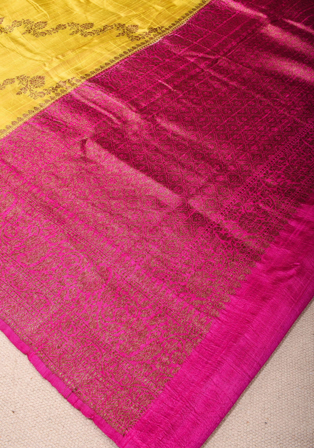 Raw Silk Saree in Yellow with Kadhuwa Jungla in Antique Zari Leheria Jaal in Sunshine Yellow and Pink | SILK MARK CERTIFIED