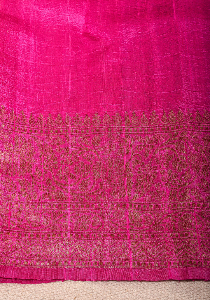 Raw Silk Saree in Yellow with Kadhuwa Jungla in Antique Zari Leheria Jaal in Sunshine Yellow and Pink | SILK MARK CERTIFIED